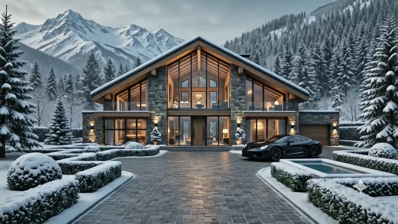 The finished chalet in winter with lit windows